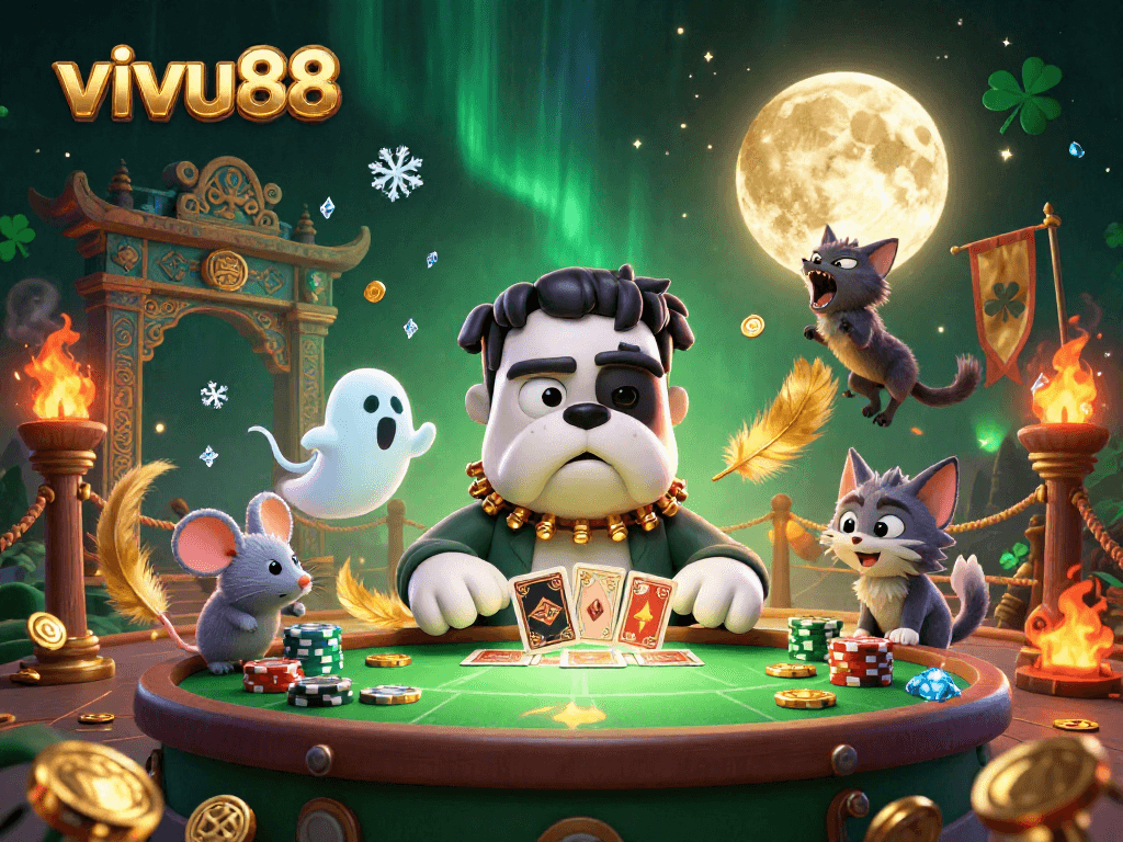 Experience vivu88's thrilling atmosphere with a cartoon bulldog monster dealer in a spooky gaming scene.