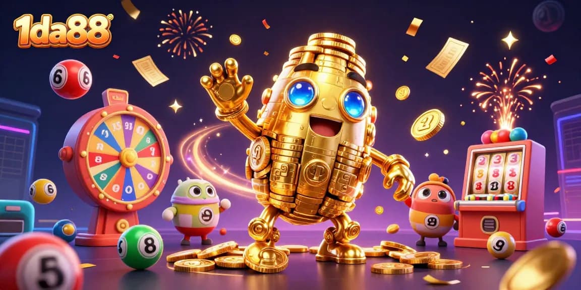 Visualize 1da88 mega winnings with a gold golem and exciting lottery elements in a vibrant casino atmosphere.