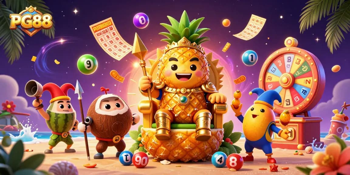 Engage with PG88 as the golden pineapple king rules a vibrant casino scene filled with dynamic lottery elements.