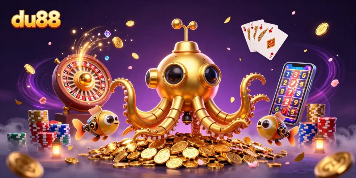 Dive into the du88 casino experience with a golden kraken submarine swimming through coins and games.