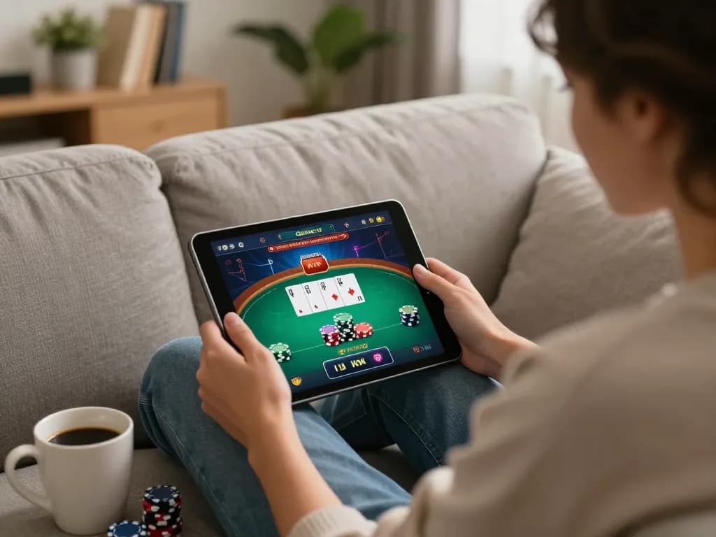 Player enjoying poker on XX88 online casino app in a cozy home setting.