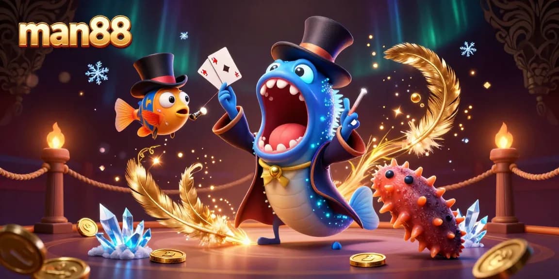 Experience the magic of man88 with a bioluminescent eel performing in a vibrant casino scene.