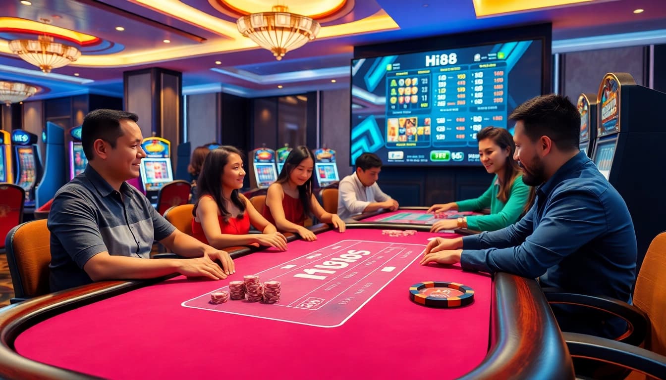 Exciting gameplay at Hi88 casino with poker chips, vibrant slot machines, and online betting interface.
