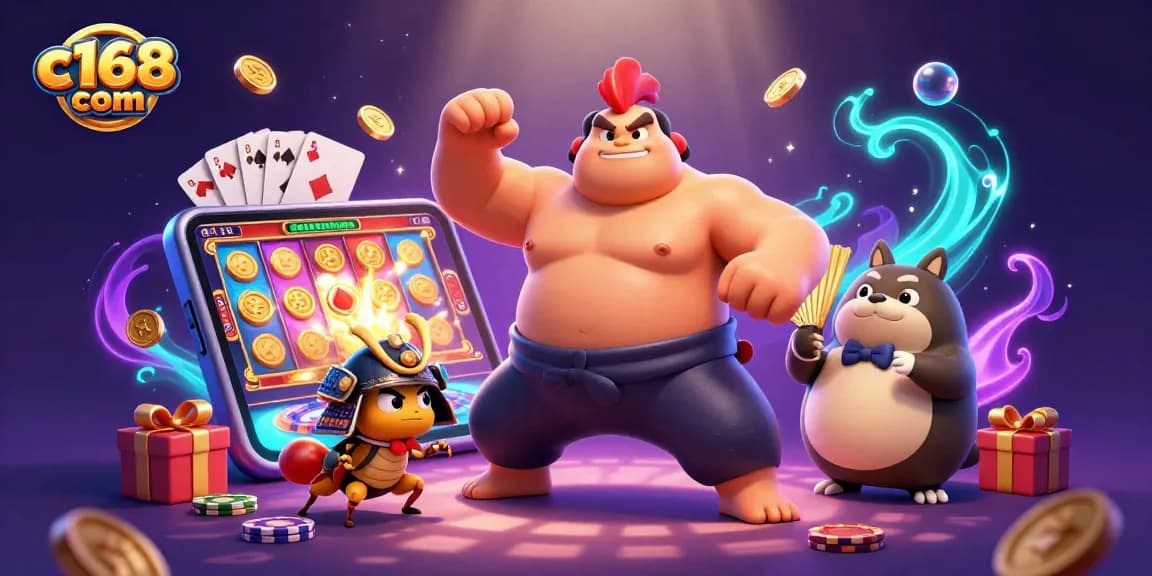 Experience thrilling bets at c168 com with a dynamic casino scene featuring a sumo wrestler and cricket in action.