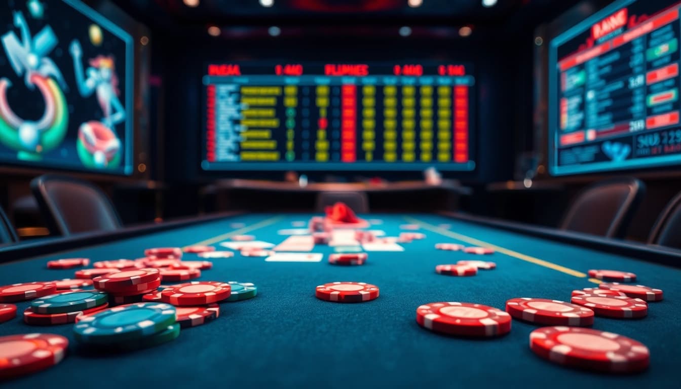 Découvrez le casino en ligne sans wager avec une table de jeu bien éclairée et des jetons colorés.
