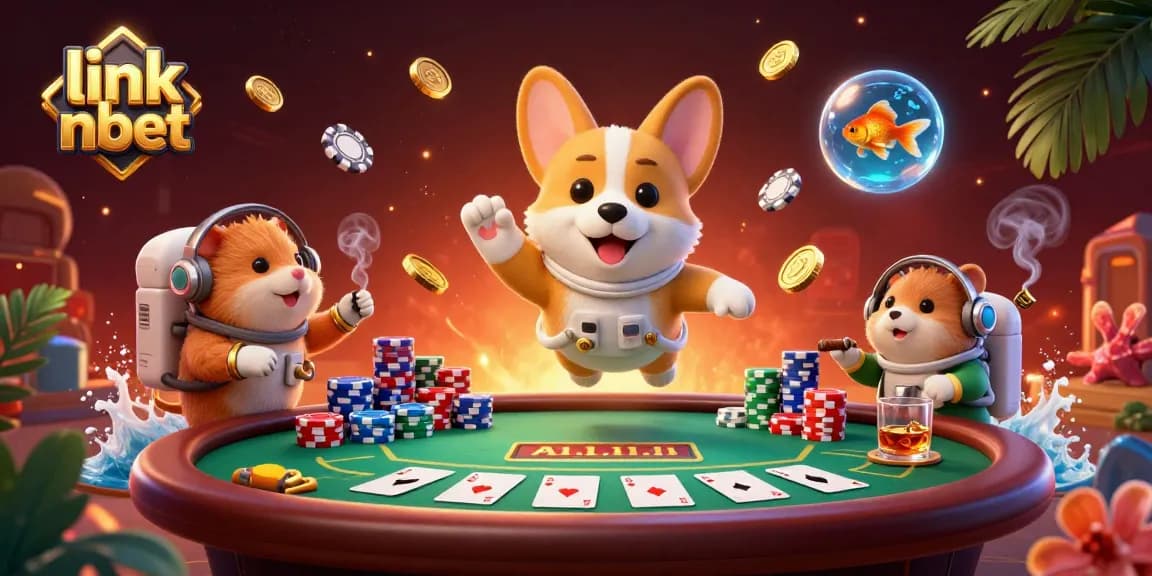 Explore the vibrant world of link nbet with a floating astronaut corgi in a casino, poker chips galore.