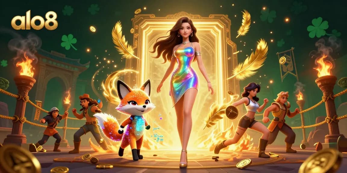 Win big at alo8 with vibrant casino action featuring a glamorous woman and a pixelated fox.