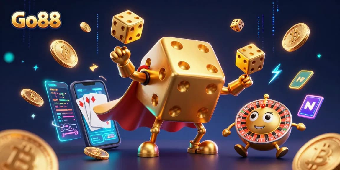 Go88 players enjoying a dynamic casino scene with golden dice and crypto coins.