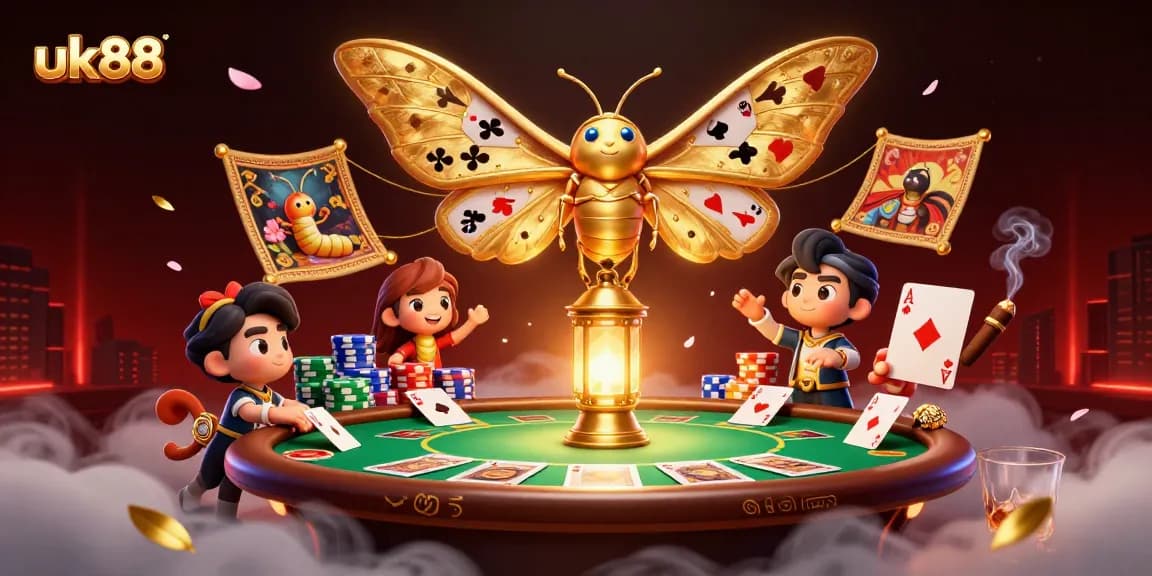 Engage with uk88’s vibrant casino scene featuring a majestic atlas moth and poker elements.