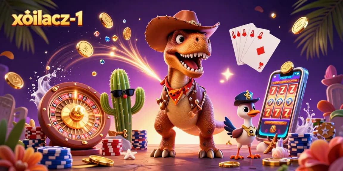 Xoilacz-1 showcases a dynamic casino scene with a cowboy dinosaur, coins, and a spinning roulette wheel.