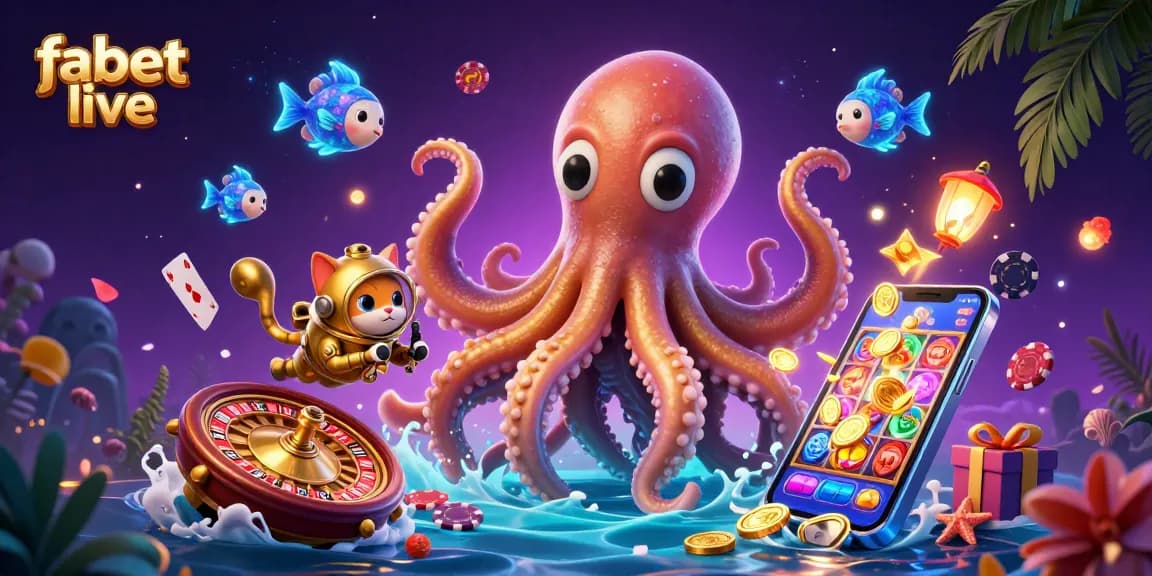 Experience fabet live action with a colossal kraken, diving cat, and rich casino elements.
