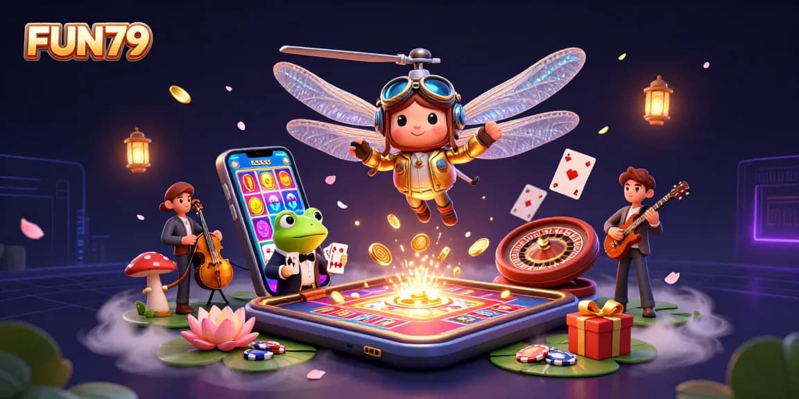 Experience FUN79's captivating gaming scene with a dragonfly pilot and frog croupier amidst vibrant casino elements.