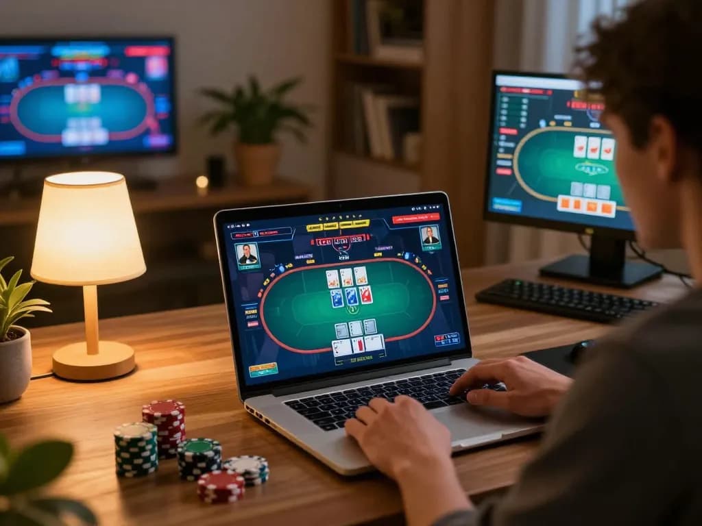 Player actively engaged in online poker at home using 99ok platform, showcasing vibrant gameplay.