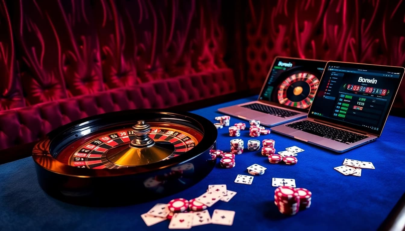 Experience the thrill of Bomwin gambling with vibrant casino tables, poker chips, and a roulette wheel.