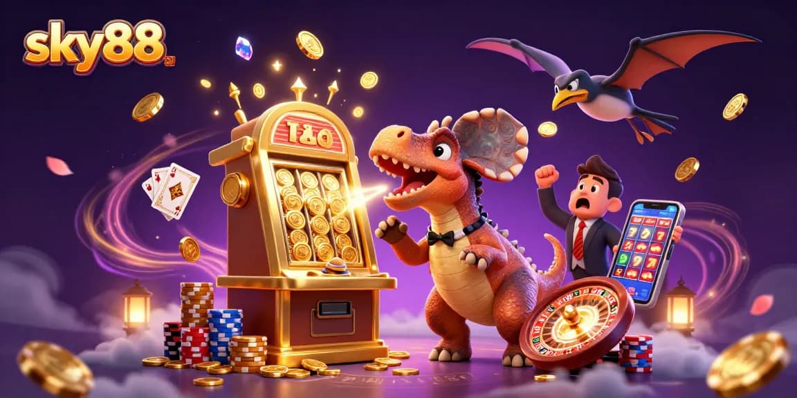 Experience excitement at sky88 with a dinosaur-themed slot machine winning jackpot coins!