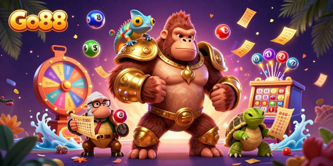 Experience excitement at Go88 with a vibrant illustration of a playful casino scene full of dynamic game elements.