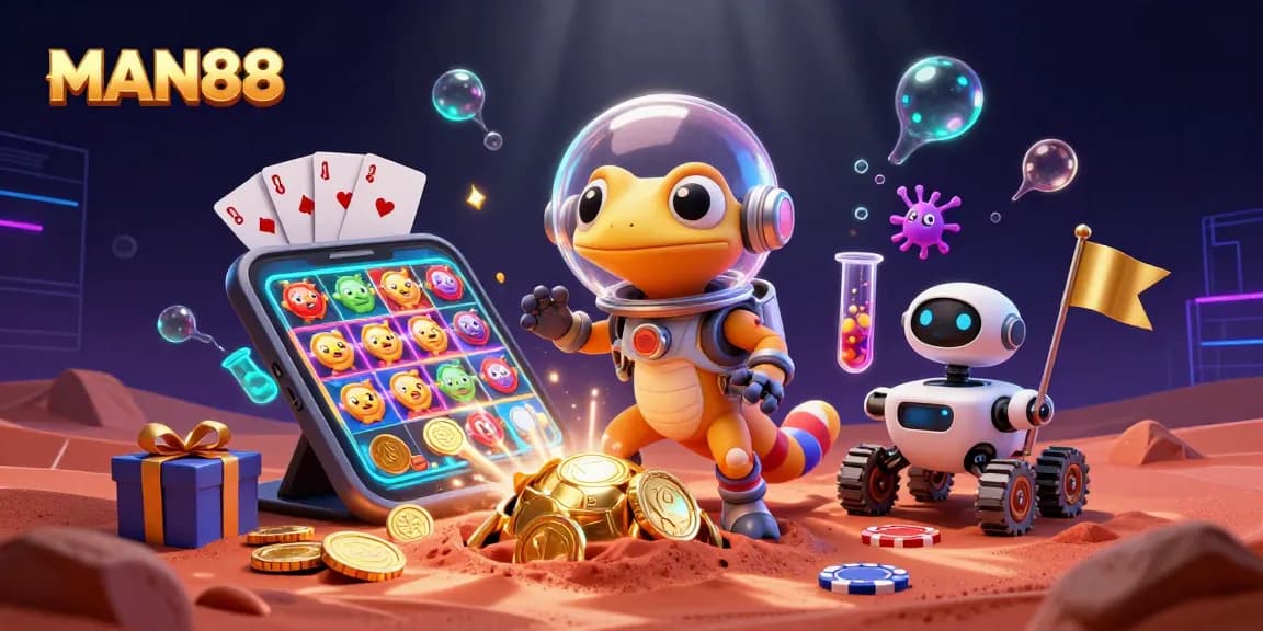 Experience the excitement of MAN88 with a Martian gecko uncovering a golden casino adventure!