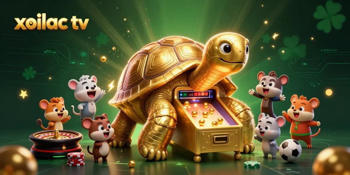 Xoilac TV showcases thrilling casino fun with a cartoon turtle as a pinball machine amidst vibrant betting action.