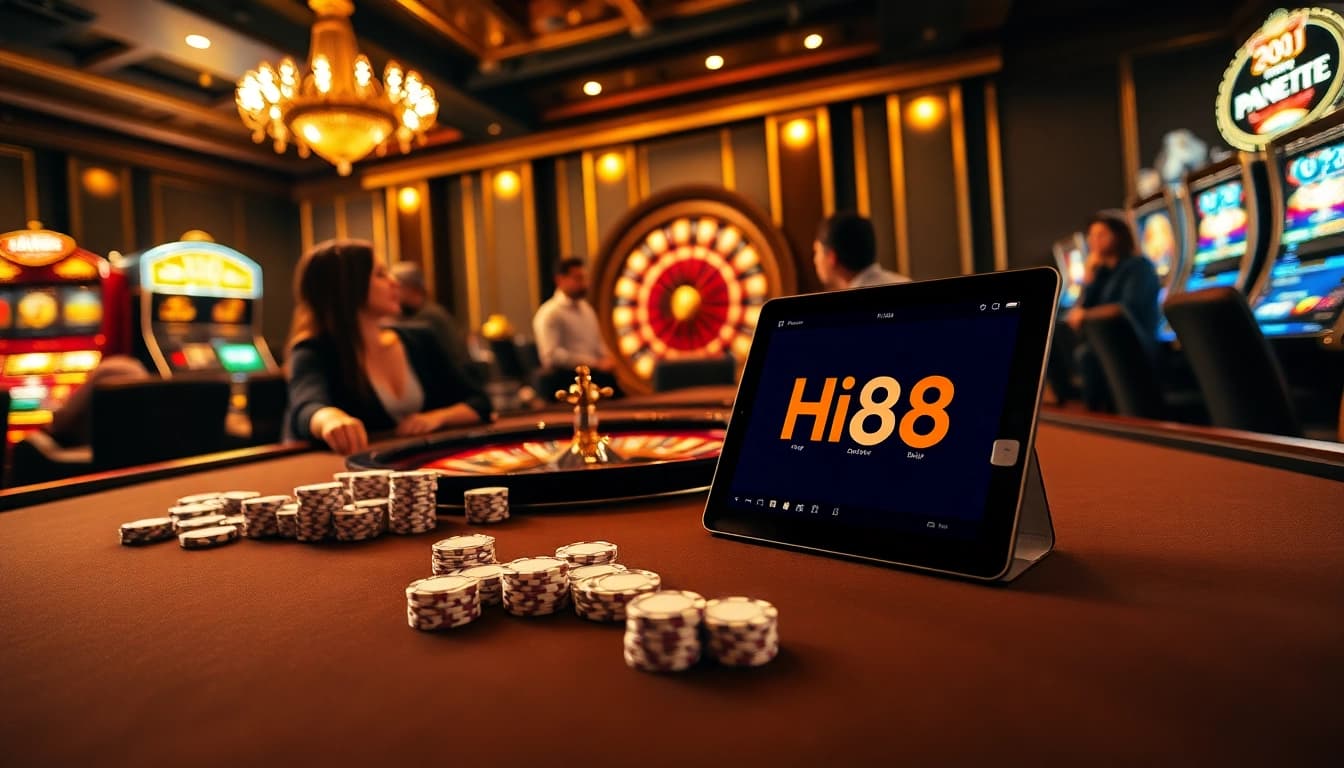 Exciting Hi88 online casino scene with poker and roulette elements in a vibrant atmosphere.