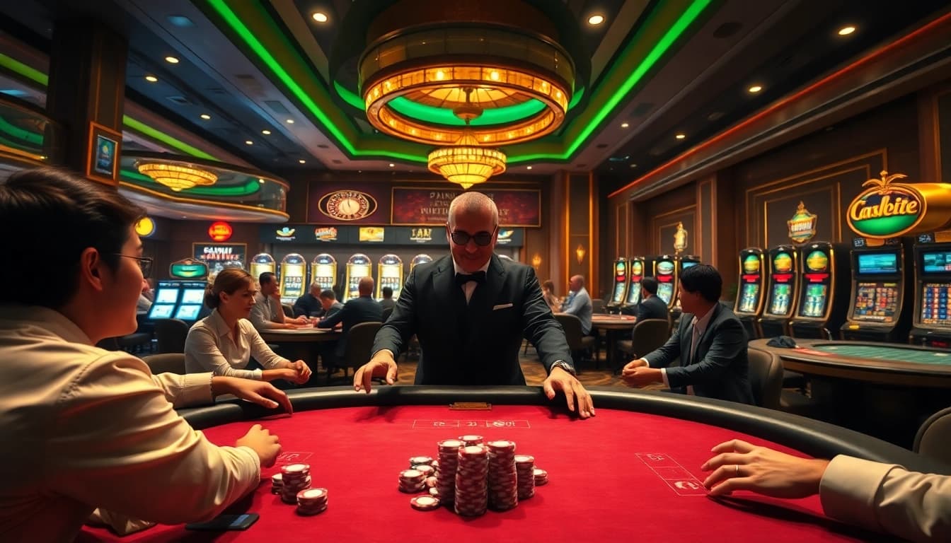 Experience the thrill of go8 at a luxurious casino, featuring poker tables, roulette wheels, and vibrant gaming excitement.