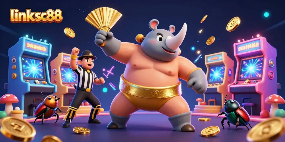 Experience thrilling gameplay with link sc88 as a rhinoceros beetle champion takes center stage surrounded by dynamic casino elements.