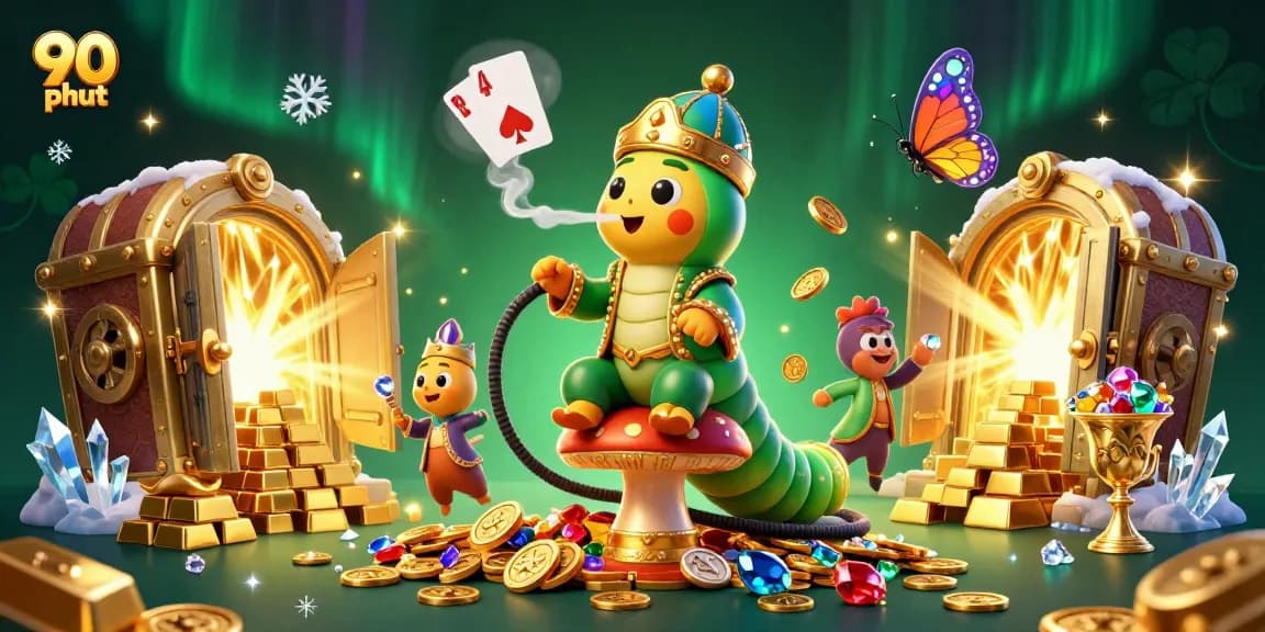 Watch 90 phut unfold as a caterpillar master spins poker symbols amidst golden treasures.