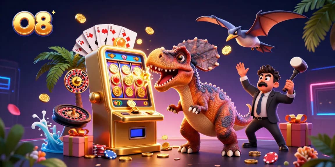 Watch O8's pachycephalosaurus win the jackpot at the casino with flying coins!