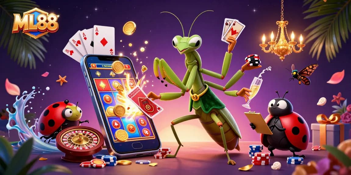 ML88 showcases vibrant casino action with a giant praying mantis card sharp and ladybug pit boss.
