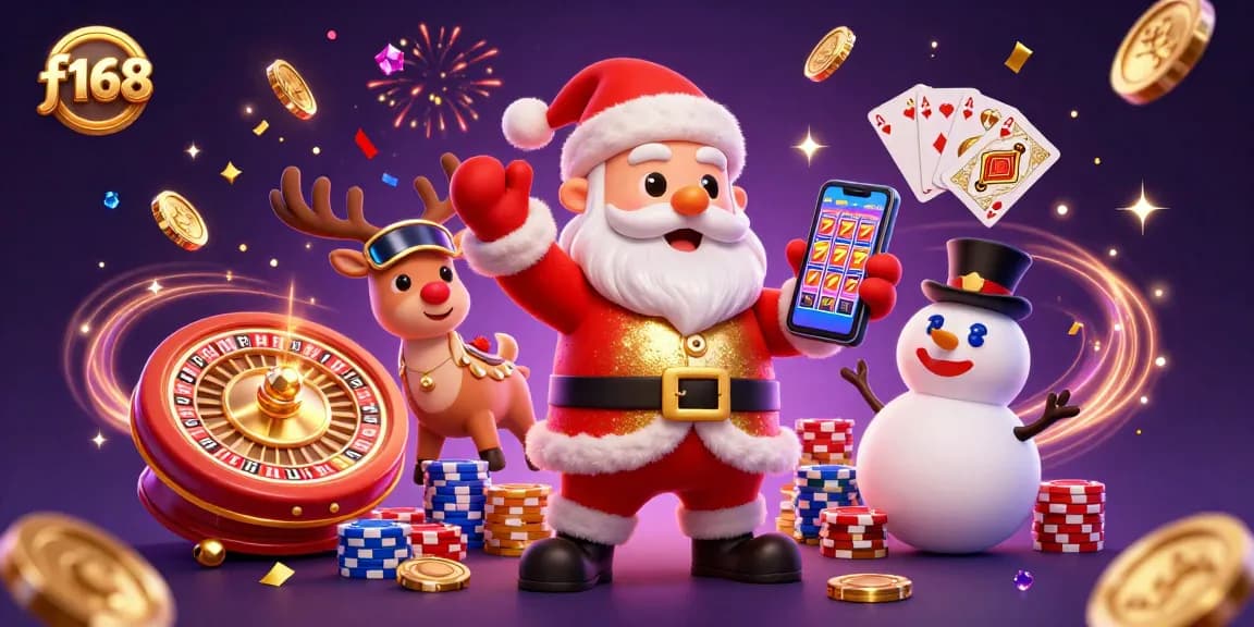 Spin the reels at f168 casino with Santa and friends amidst glimmering gold and vibrant casino elements.
