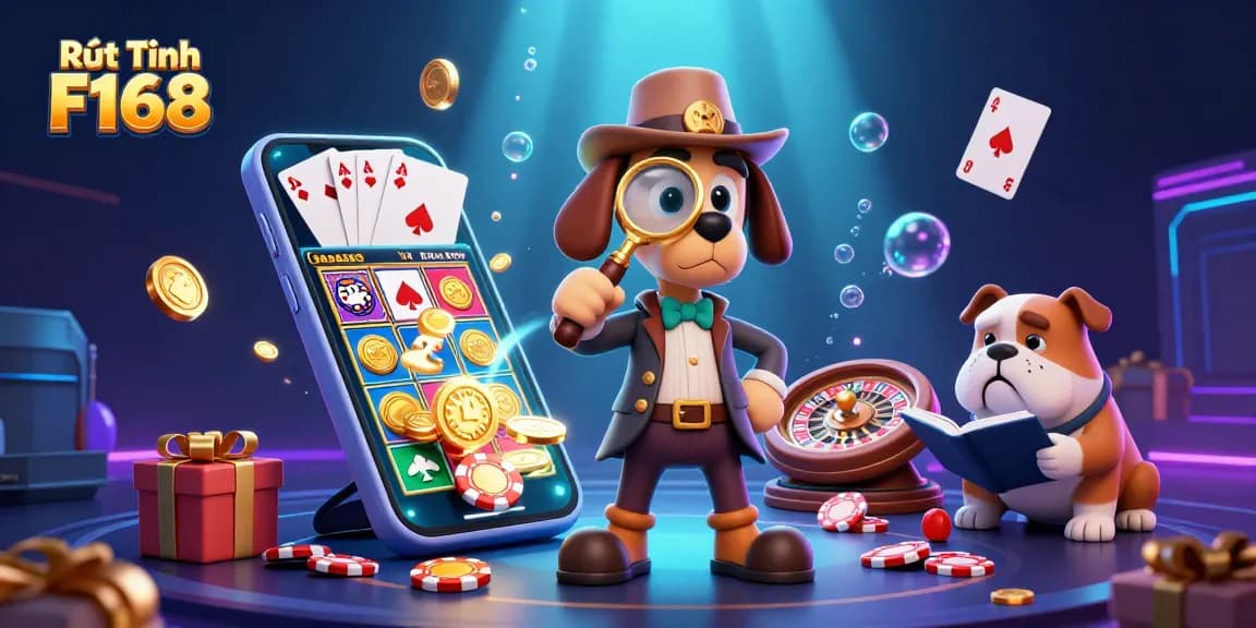 Experience Rút Tiền F168 with a vibrant scene of a detective discovering treasure-filled casino clues.