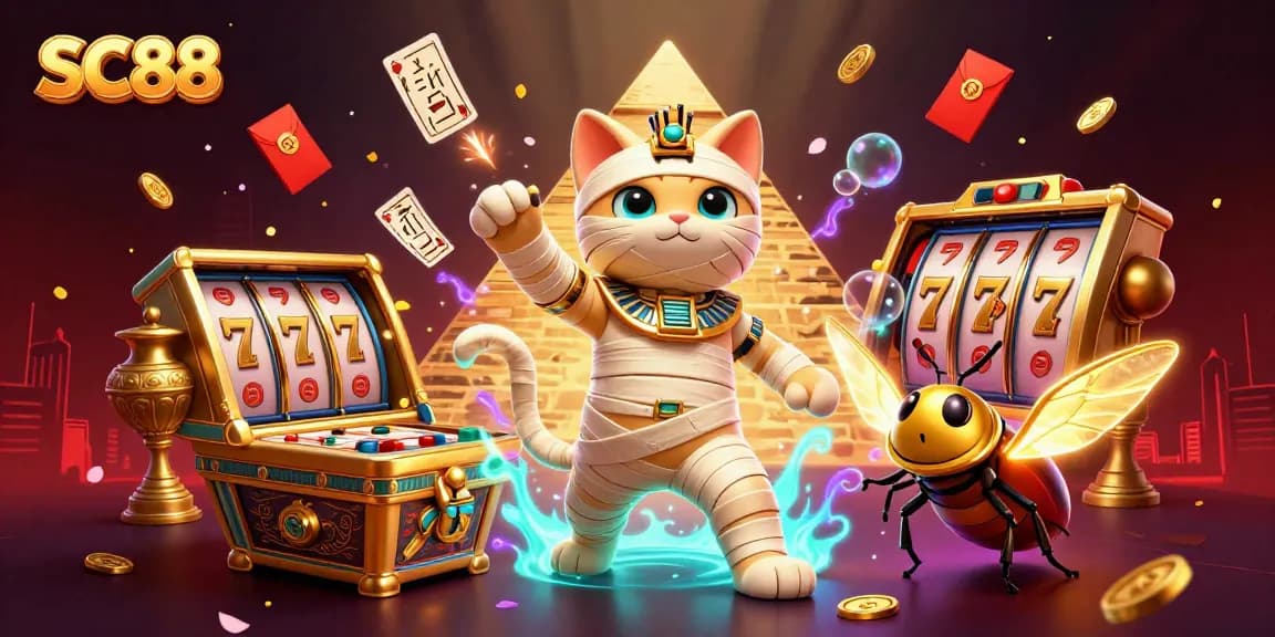 Experience the thrill of SC88 featuring a cartoon Egyptian mummy cat amidst vibrant casino elements.