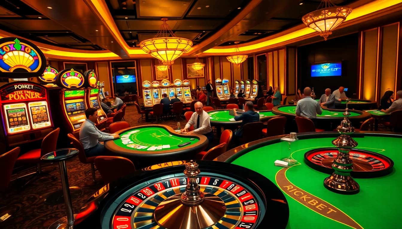 Rikbet players enjoying an exciting atmosphere at poker tables surrounded by vibrant slot machines.
