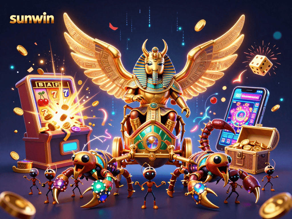 Experience the excitement of Sunwin with vibrant casino illustrations featuring dynamic characters and game elements.