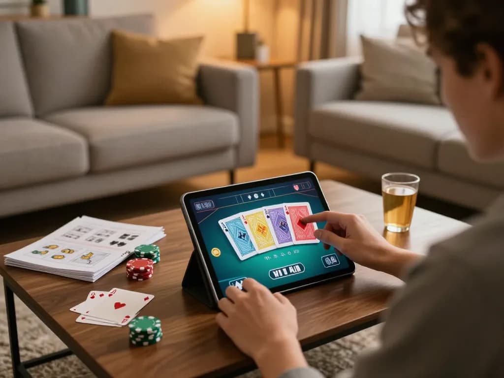Player engaging in vin88 online poker, showcasing strategy notes and cozy home setup.