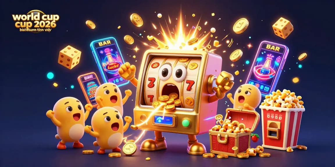 Experience the thrill of the world cup 2026 bình luận tiếng việt in a lively 3D illustration featuring a golden slot machine hitting its jackpot.
