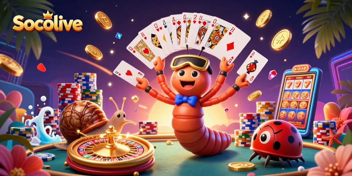 Socolive features a vibrant 3D casino scene with unique characters and dynamic game elements, showcasing excitement in gambling.