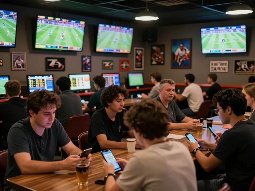 Excited bettors engaging in sports betting at a trang cá cược bóng đá parlor with multiple screens showing live games and odds updates