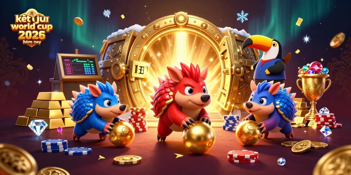 Experience kết quả world cup 2026 hôm nay through a vibrant 3D cartoon illustration featuring playful pangolins in a dynamic betting game.