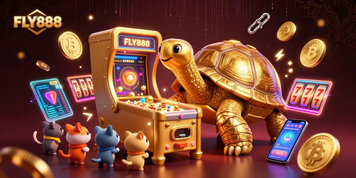 Experience exciting gaming at FLY888 with a vibrant casino-themed illustration showcasing slots and crypto elements.