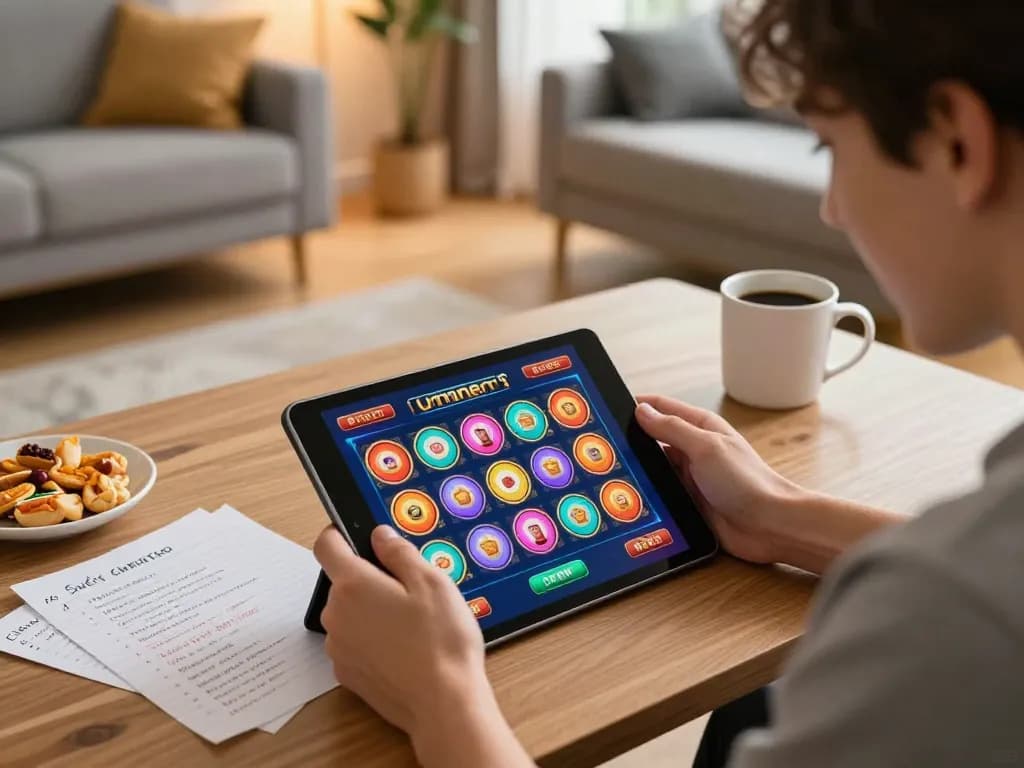 Participando de slots online no tablet 337bet, com anotações estratégicas visíveis para melhorar o jogo
