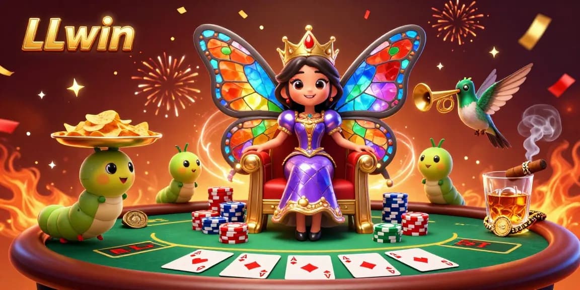 Engage in excitement at LLwin with a vibrant casino scene featuring the butterfly queen and poker elements.