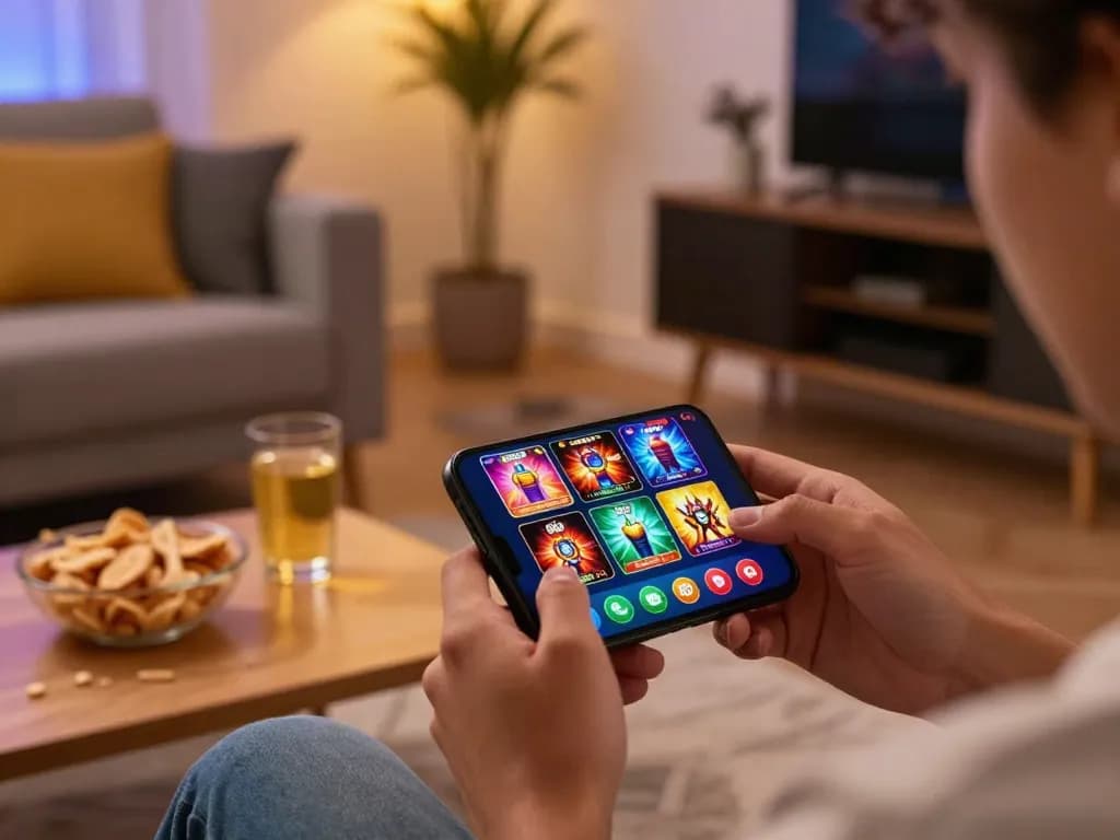 Engaging with 58ff casino app on smartphone during a cozy home gaming session.