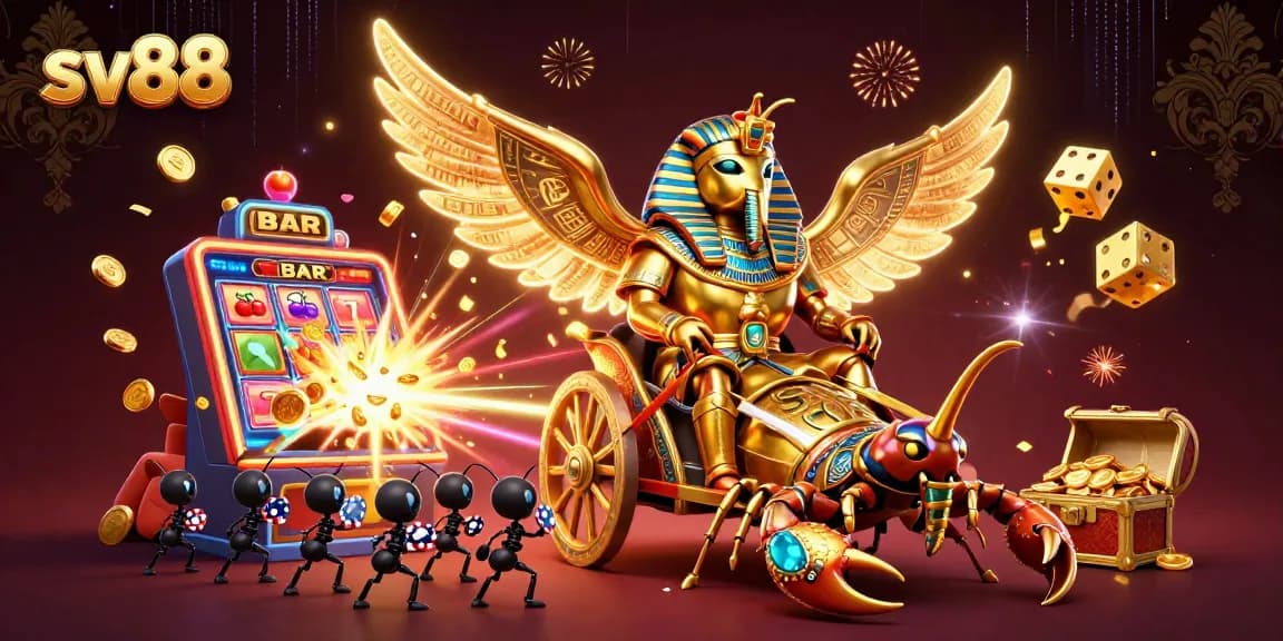 Play at sv88 with an exciting scene of a golden scarab beetle and casino elements in action.