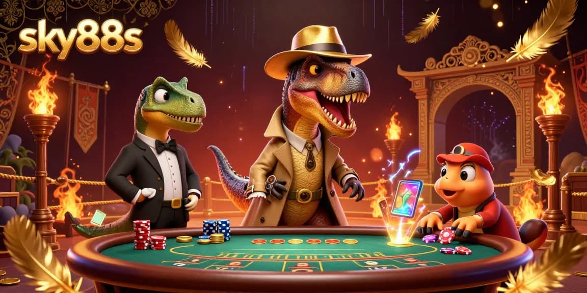 Experience the thrill at sky88s with a velociraptor card counter and stegosaurus pit boss in a vibrant casino scene.