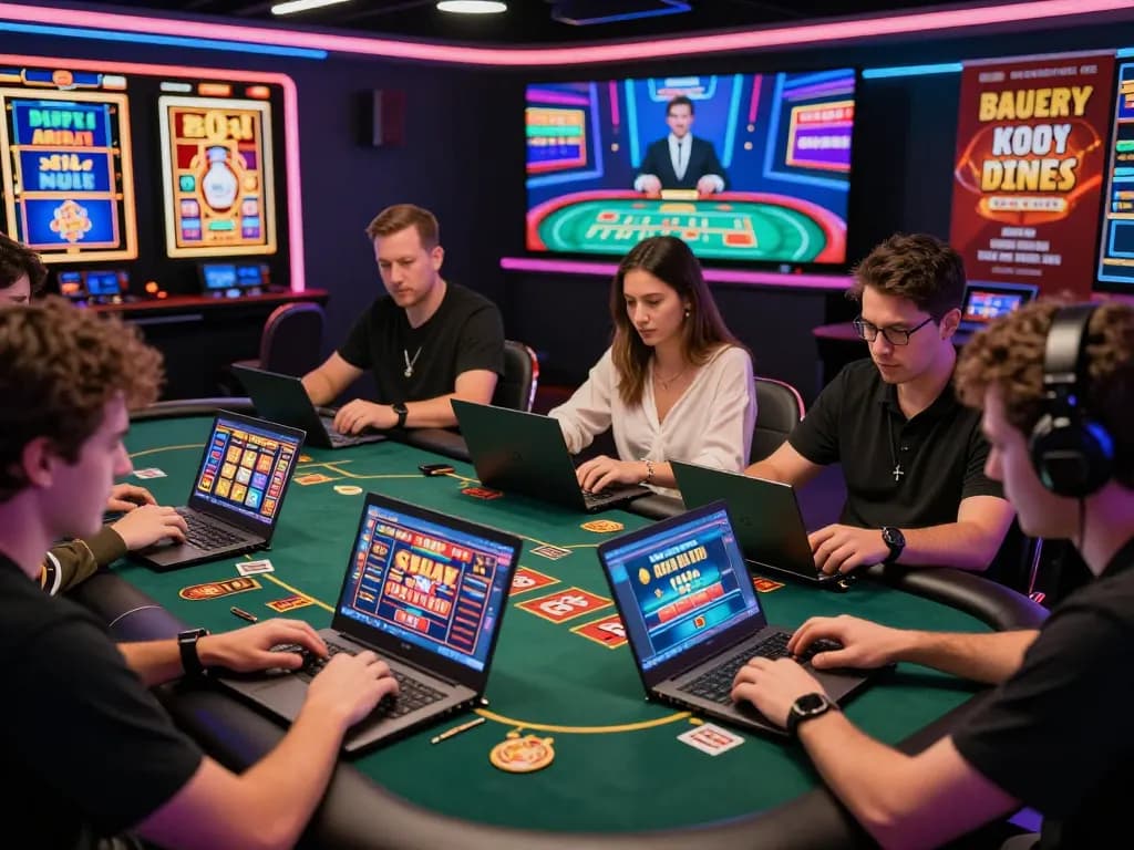 Engaged players at https://ok365.br.com/ enjoying vibrant virtual casino games, filled with excitement and colorful visuals.