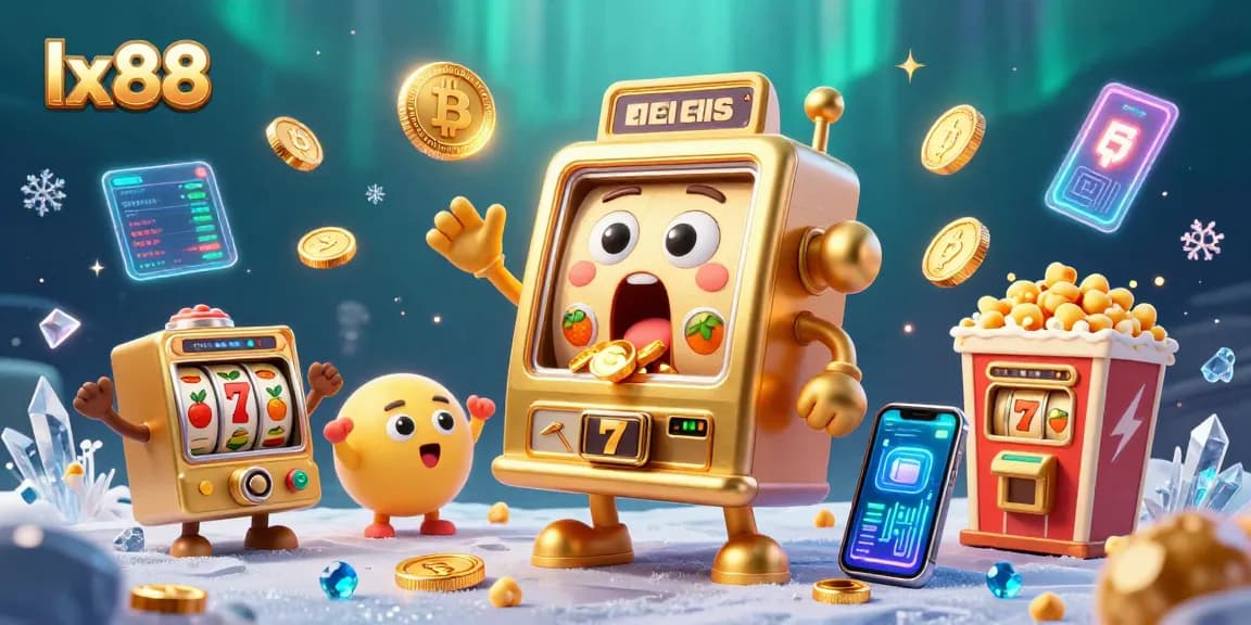 Play slots at lx88 with joyous slot machines celebrating jackpots and crypto elements.