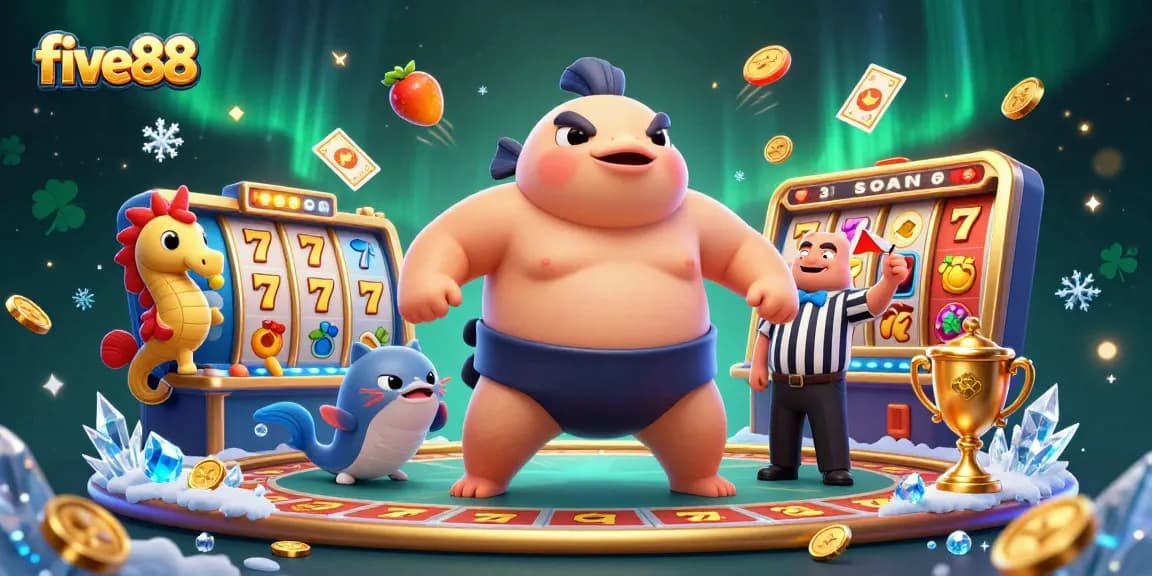 five88 introduces a lively underwater casino scene with a fugu and catfish referee amidst flying slot reels and gold coins.
