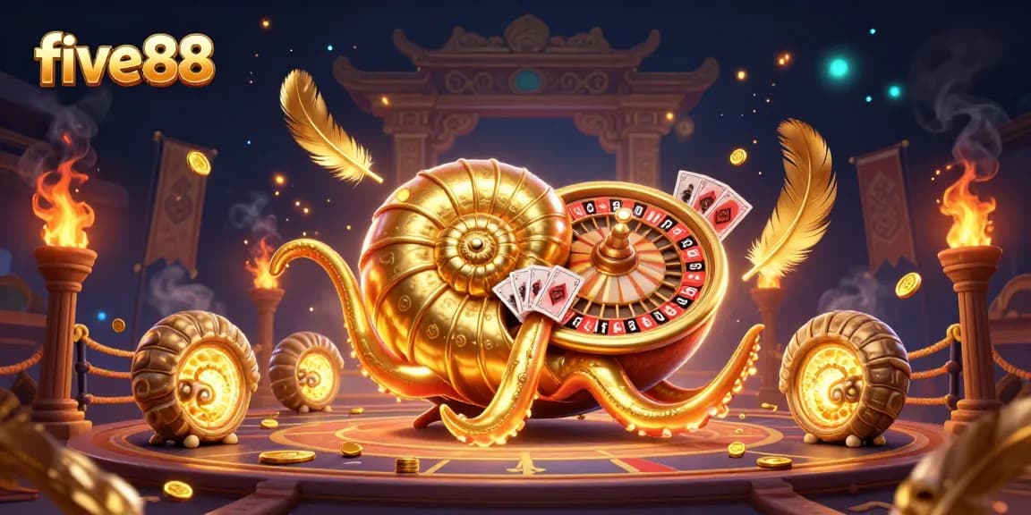 Experience thrilling gameplay with five88 as a glowing nautilus spins roulette and holds cards.