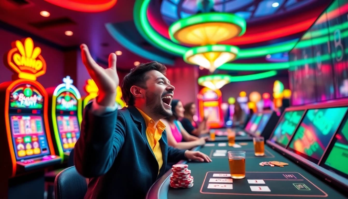 Casino en ligne retrait immédiat : Un joueur enthousiaste devant des machines à sous et des tables de jeu.