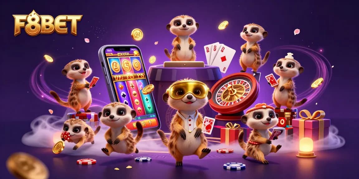F8BET meerkats managing a lively casino operation with colorful slot games and dynamic elements.